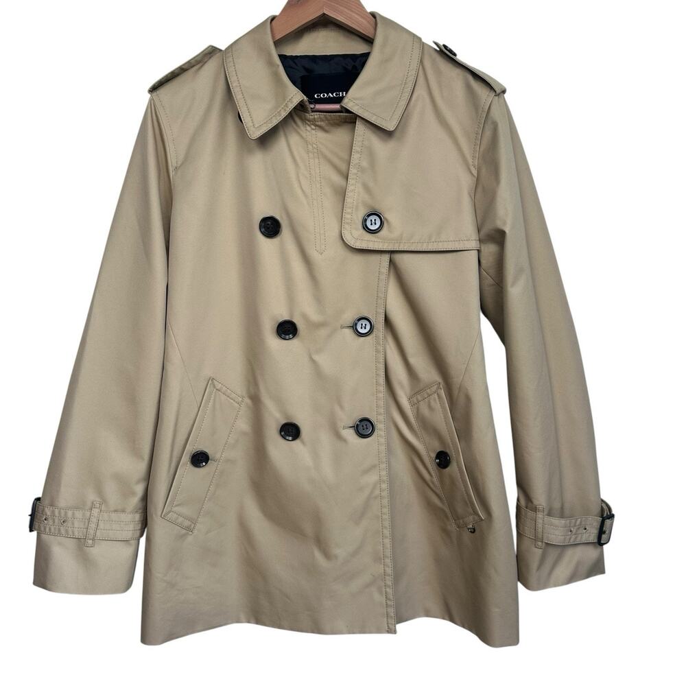 Coach Women’s Beige Button Front Collared Mid-Length Trench Coat Size L No Belt